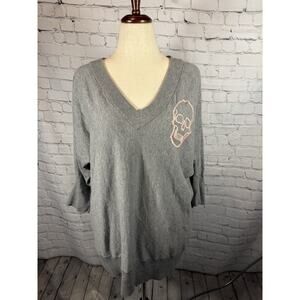 Torrid 3/4 Sleeve Grey Pink Skull Cotton Lightweight Sweater V Neck NWOT 2x